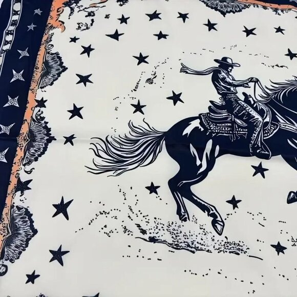 Western Cowboy & Horse Silky Scarf Bandana 26"x26" Star Pattern Navy Border - Picture 10 of 10